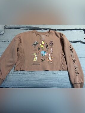 Disney Winnie the Pooh Brown Cropped Sweatshirt with Multicolor Characters